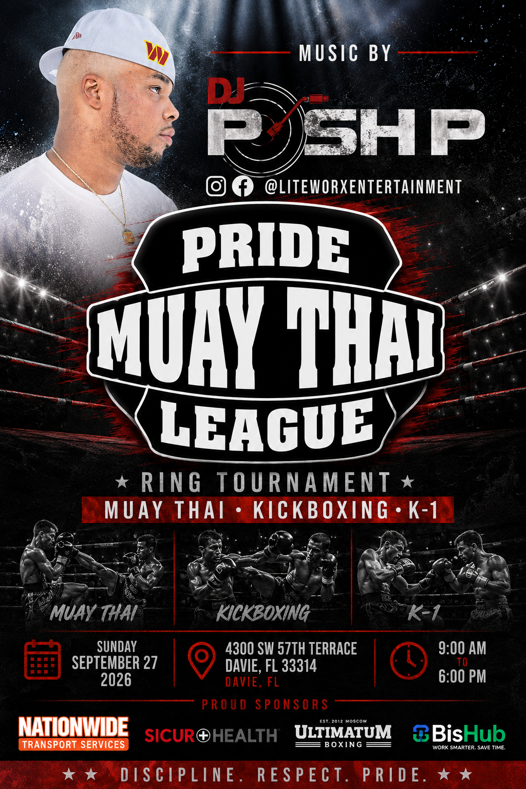 Pride Muay Thai League event flyer featuring DJ Posh P